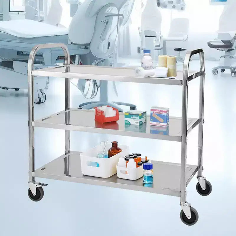 Chariot de service en acier inoxydable, chariot commercial à 3 niveaux avec roues silencieuses à frein et poignée ergonomique, chariot de restauration de 100 kg pour cuisine et laboratoire