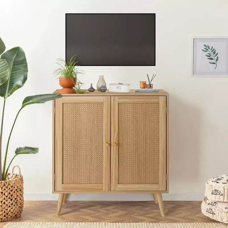 31.5 Buffet Cabinet with Storage, Entryway Storage Cabinet with Rattan Decorated Doors & Adjustable Shelves