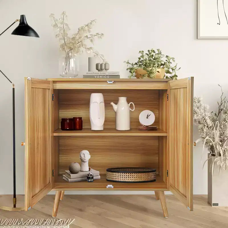 31.5 Armoire de rangement, Buffet d'entrée avec portes décorées en rotin et étagères réglables