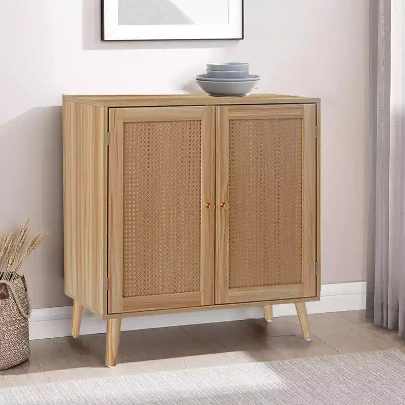 31.5 Armoire de rangement, Buffet d'entrée avec portes décorées en rotin et étagères réglables