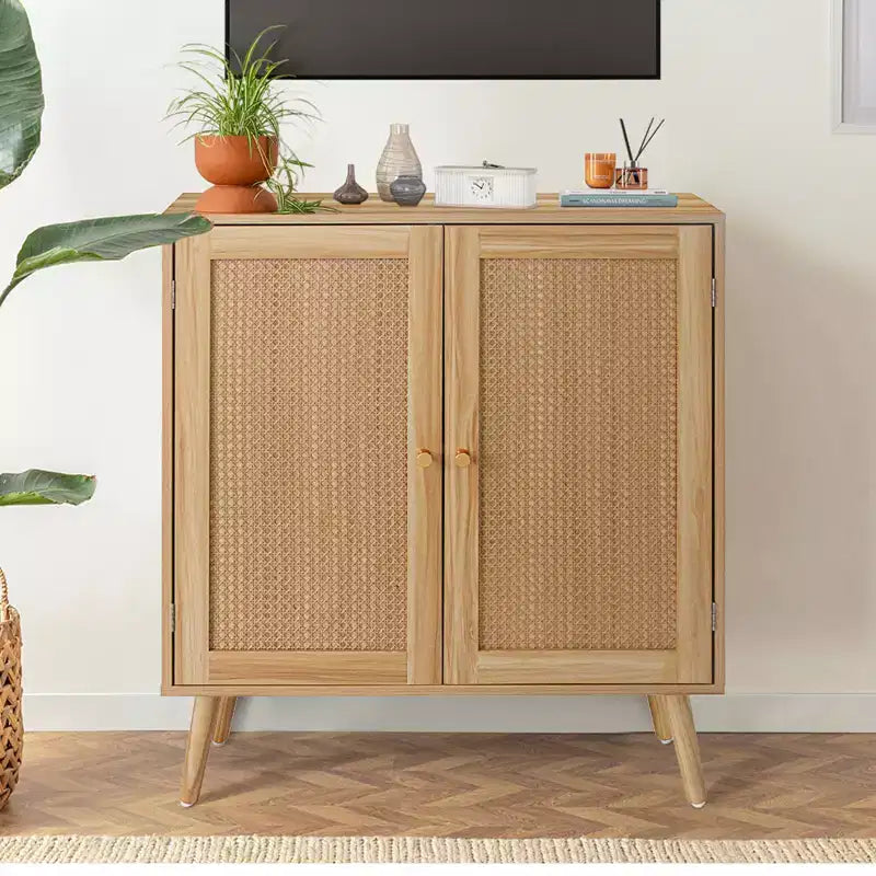 31.5 Armoire de rangement, Buffet d'entrée avec portes décorées en rotin et étagères réglables