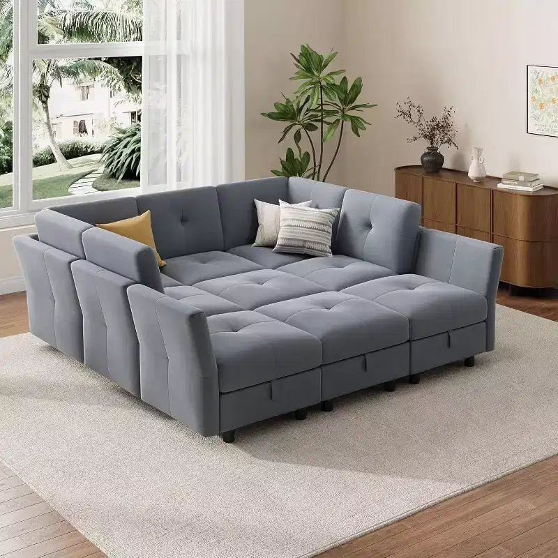 Acekool 143 Inch Modular U-Shaped Sectional Sofa, 9-Seat Blue Velvet Couch with Storage Ottoman, Upholstered Living Room Sofa, Apartment Furniture