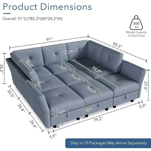 Canapé modulable en U de 143 pouces, 9 places en velours bleu avec pouf de rangement, canapé de salon rembourré, mobilier d'appartement