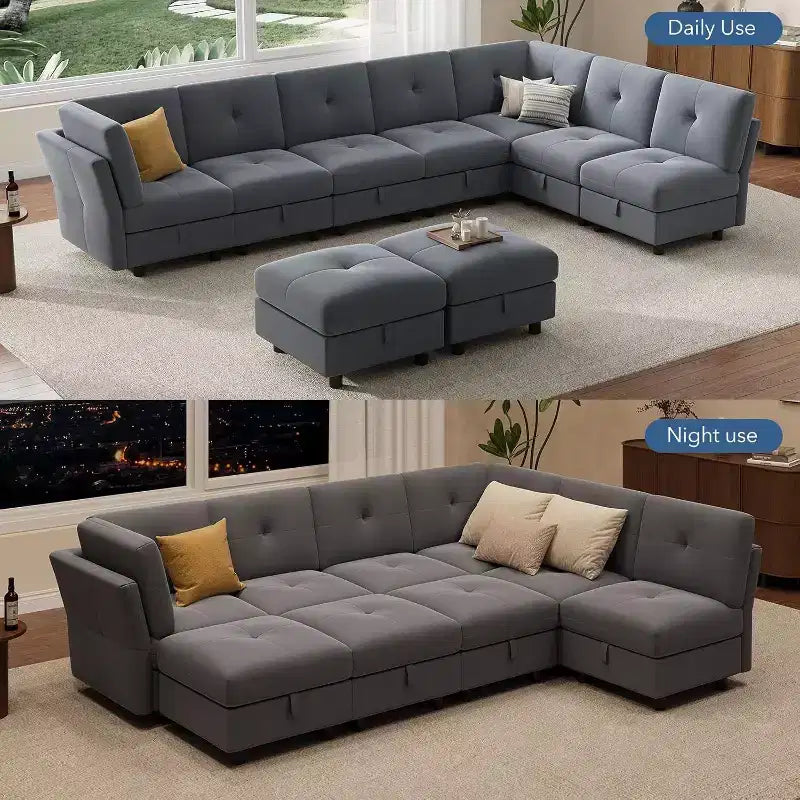 Canapé modulable en U de 143 pouces, 9 places en velours bleu avec pouf de rangement, canapé de salon rembourré, mobilier d'appartement