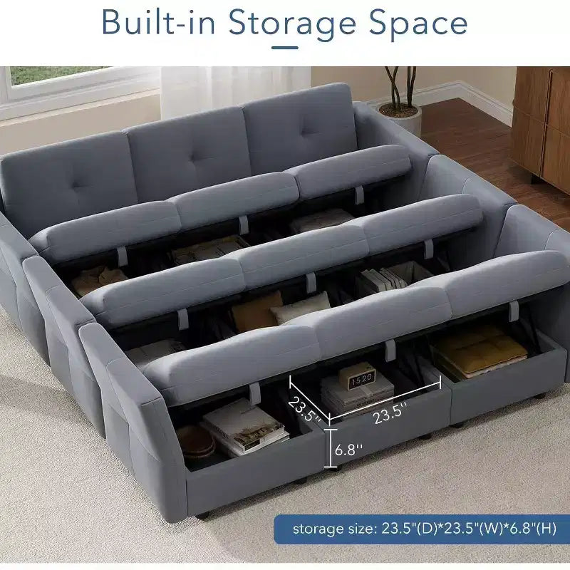 Canapé modulable en U de 143 pouces, 9 places en velours bleu avec pouf de rangement, canapé de salon rembourré, mobilier d'appartement