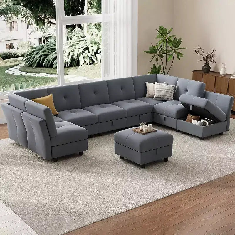 Canapé modulable en U de 143 pouces, 9 places en velours bleu avec pouf de rangement, canapé de salon rembourré, mobilier d'appartement
