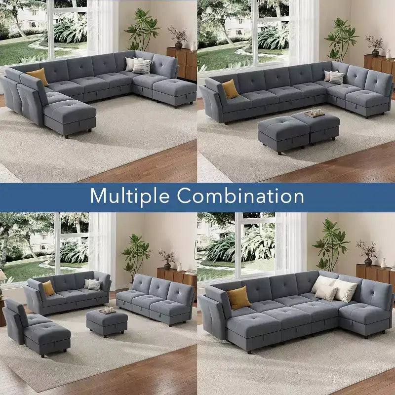 Canapé modulable en U de 143 pouces, 9 places en velours bleu avec pouf de rangement, canapé de salon rembourré, mobilier d'appartement