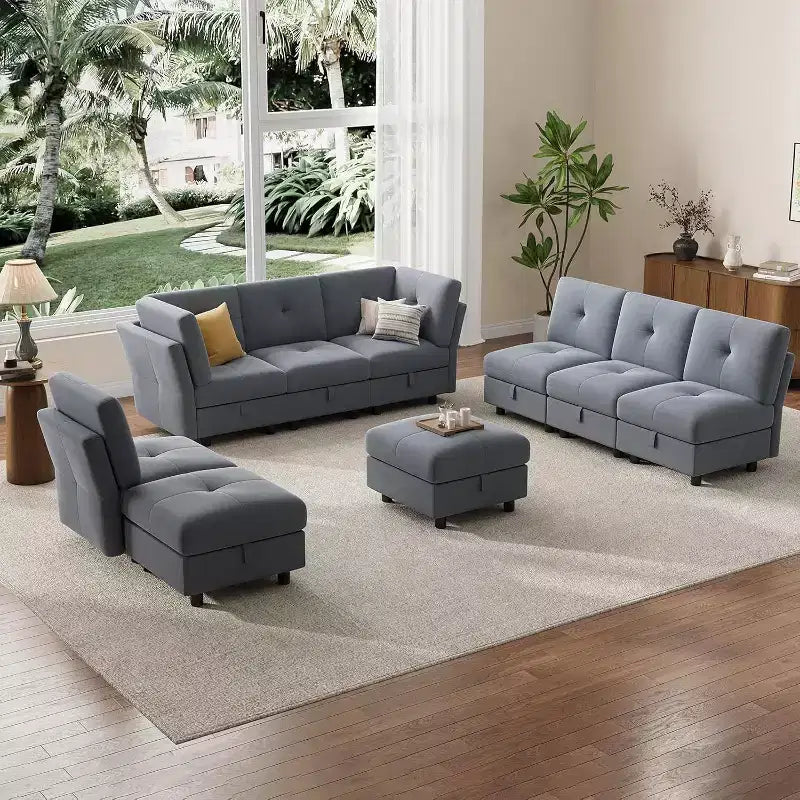 Canapé modulable en U de 143 pouces, 9 places en velours bleu avec pouf de rangement, canapé de salon rembourré, mobilier d'appartement