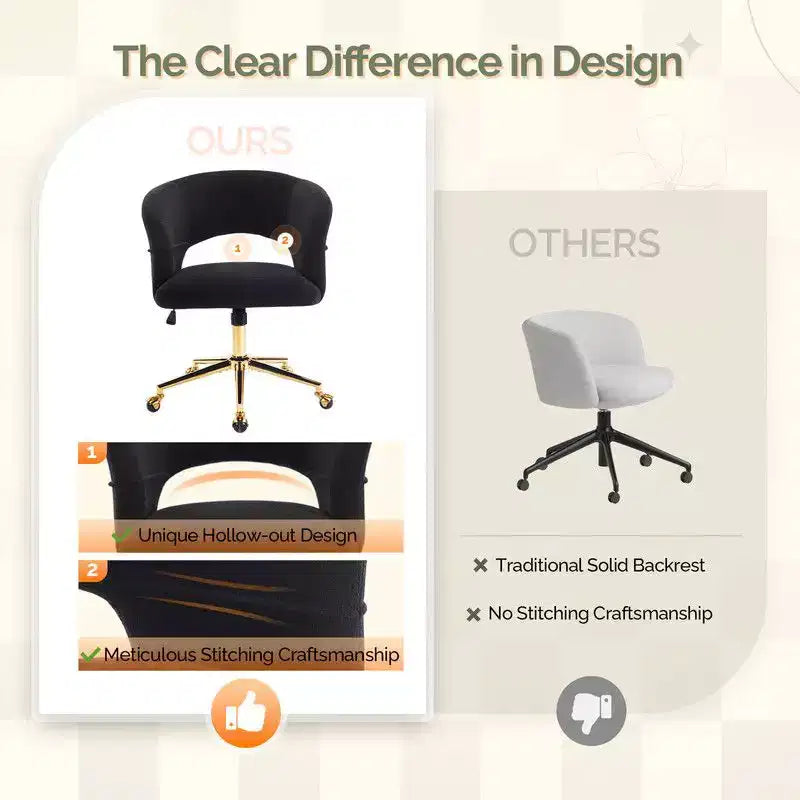 | Chaise de bureau pivotante avec dossier en velours de 25,1 pouces à anneau au dos