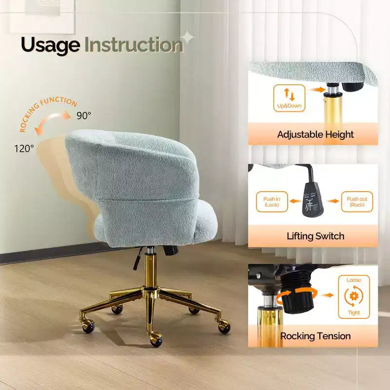 | Chaise de bureau pivotante avec dossier en velours de 25,1 pouces à anneau au dos