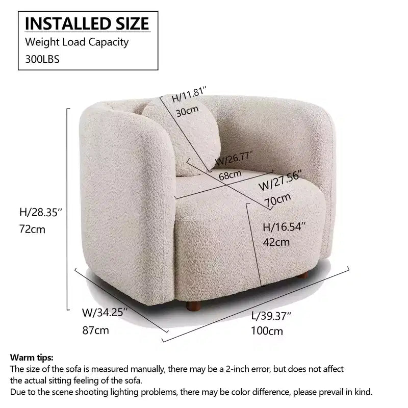 Fauteuil canapé Accent Square, Fauteuil nuage individuel rembourré en tissu bouclé, Fauteuil de style Japandi pour salon, Canapé 1 place