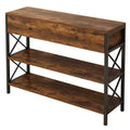 39.37in Side Frame Double X Cross with Single Large Drawer Particle Board Iron Frame Vintage Brown Panel Black Frame Entryway Table
