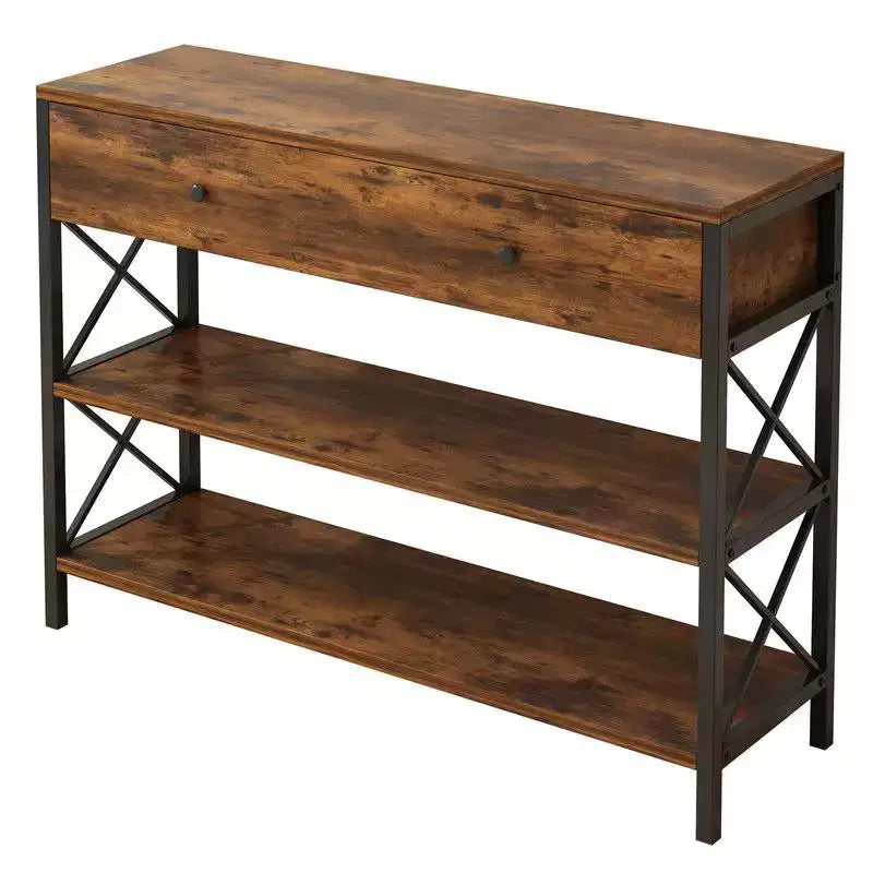 39.37in Side Frame Double X Cross with Single Large Drawer Particle Board Iron Frame Vintage Brown Panel Black Frame Entryway Table