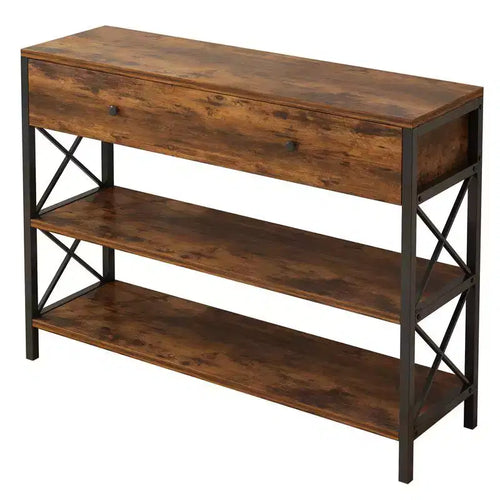 39.37in Side Frame Double X Cross with Single Large Drawer Particle Board Iron Frame Vintage Brown Panel Black Frame Entryway Table