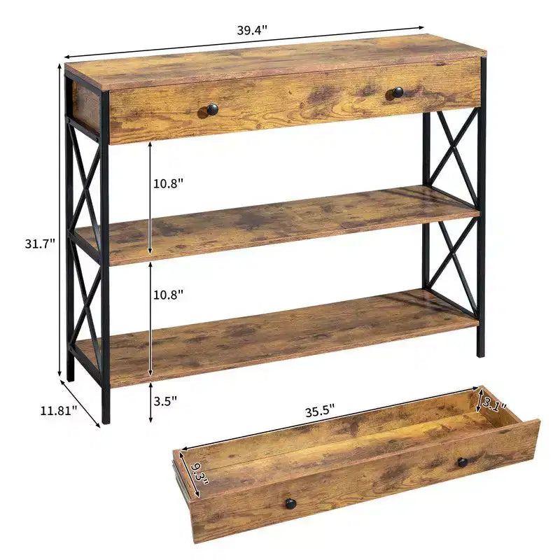 39,37 pouces Cadre latéral Double X Croisé avec un grand tiroir Panneau de particules Cadre en fer Panneau brun vintage Cadre noir Table d'entrée