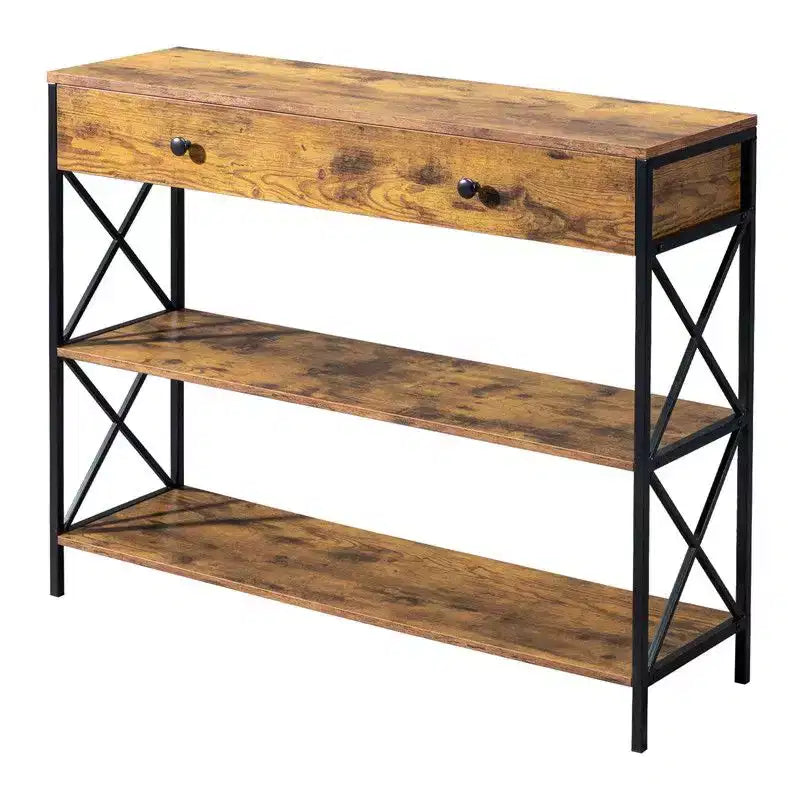 39,37 pouces Cadre latéral Double X Croisé avec un grand tiroir Panneau de particules Cadre en fer Panneau brun vintage Cadre noir Table d'entrée