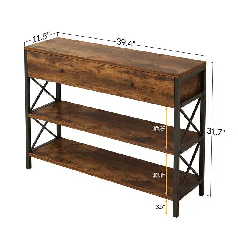 39,37 pouces Cadre latéral Double X Croisé avec un grand tiroir Panneau de particules Cadre en fer Panneau brun vintage Cadre noir Table d'entrée