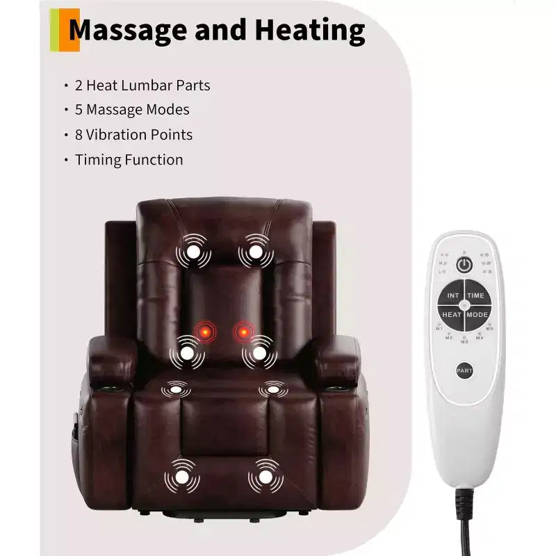 Fauteuil inclinable électrique surdimensionné, fauteuil inclinable électrique en faux cuir PU avec fonctions de chauffage et de massage, canapé simple avec porte-gobelet pour chambre à coucher