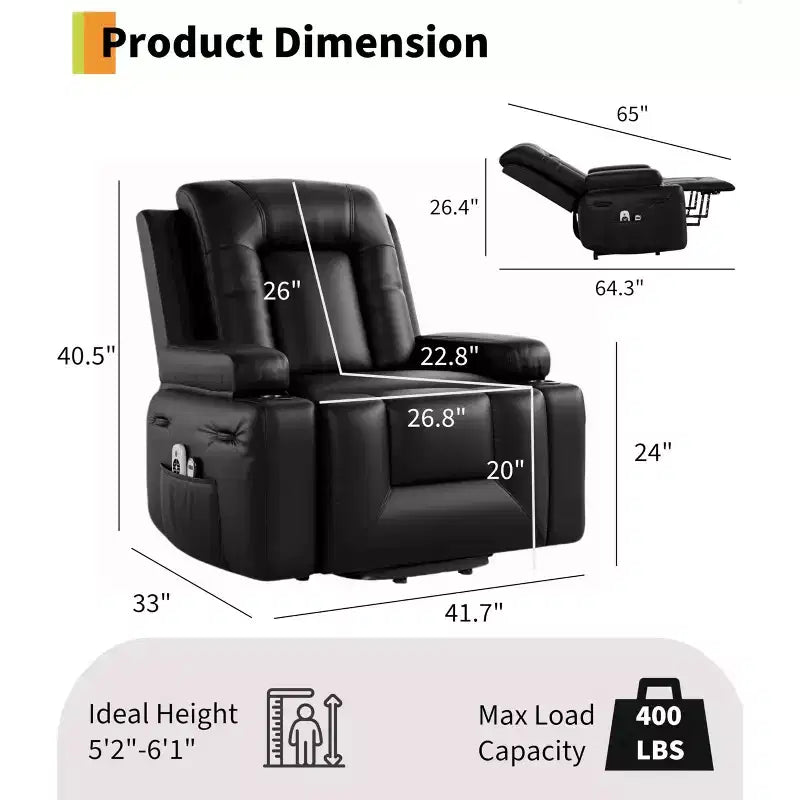 Fauteuil inclinable électrique surdimensionné, fauteuil inclinable électrique en faux cuir PU avec fonctions de chauffage et de massage, canapé simple avec porte-gobelet pour chambre à coucher