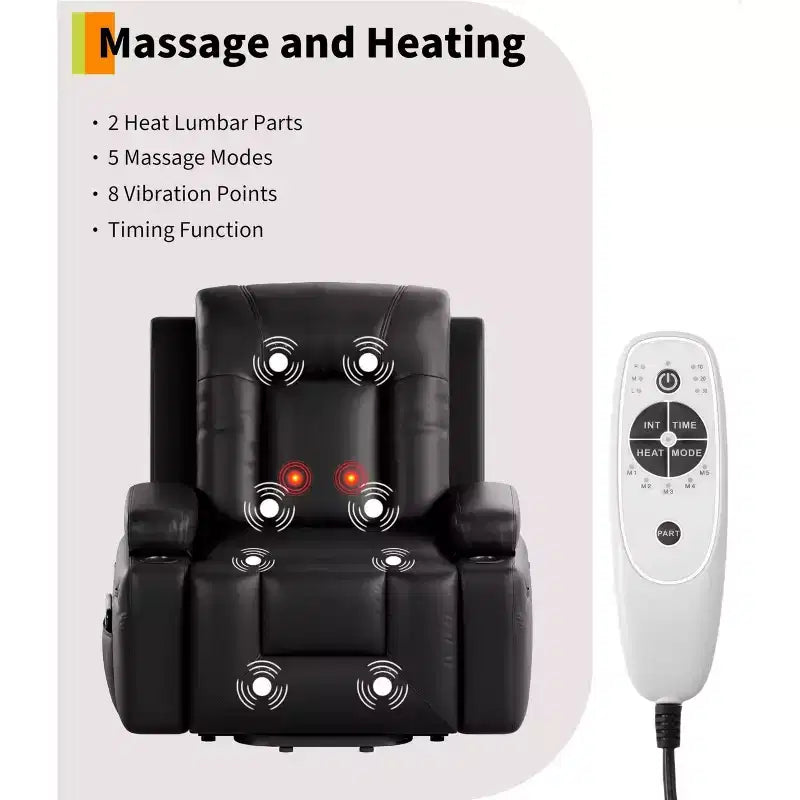 Fauteuil inclinable électrique surdimensionné, fauteuil inclinable électrique en faux cuir PU avec fonctions de chauffage et de massage, canapé simple avec porte-gobelet pour chambre à coucher