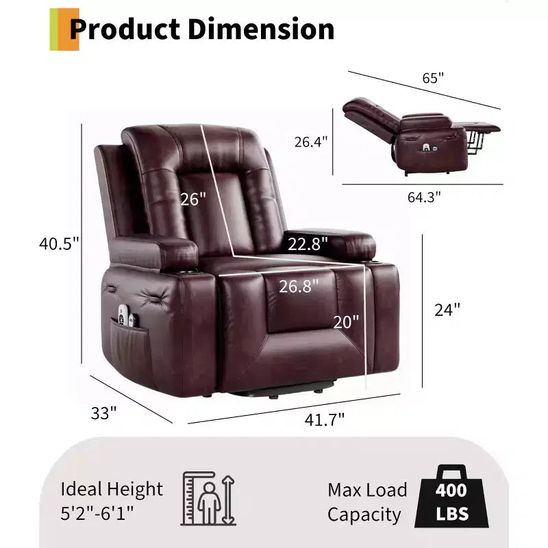 Fauteuil inclinable électrique surdimensionné, fauteuil inclinable électrique en faux cuir PU avec fonctions de chauffage et de massage, canapé simple avec porte-gobelet pour chambre à coucher