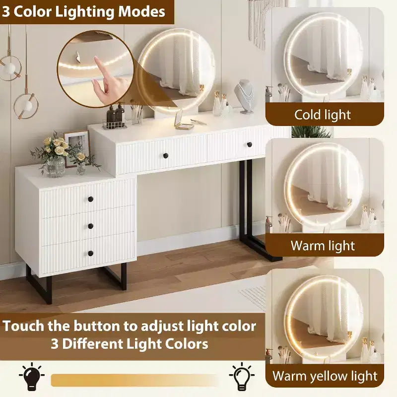 Coiffeuse avec miroir et lumières, Coiffeuse de maquillage avec 5 tiroirs pour chambre à coucher