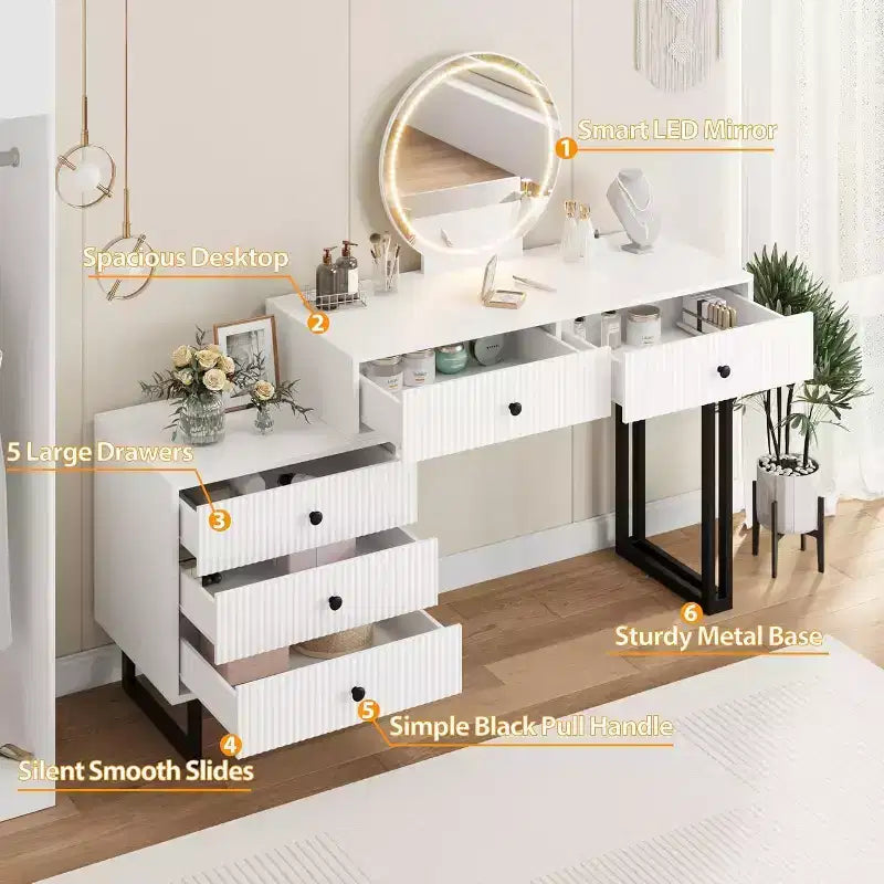 Coiffeuse avec miroir et lumières, Coiffeuse de maquillage avec 5 tiroirs pour chambre à coucher