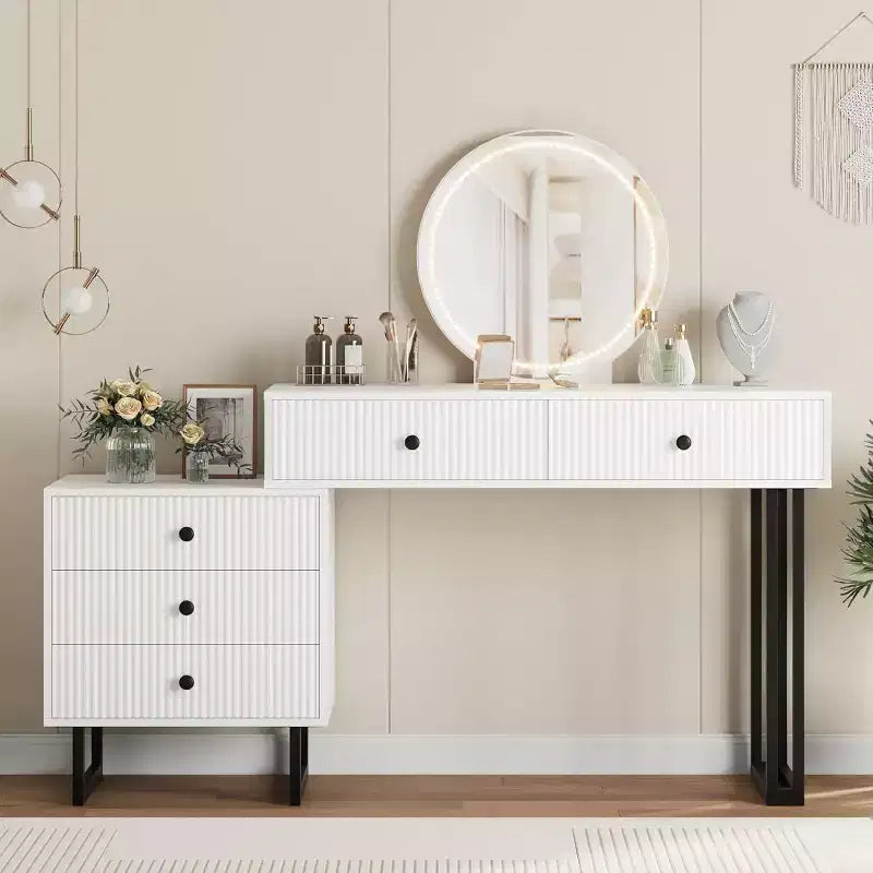 Coiffeuse avec miroir et lumières, Coiffeuse de maquillage avec 5 tiroirs pour chambre à coucher