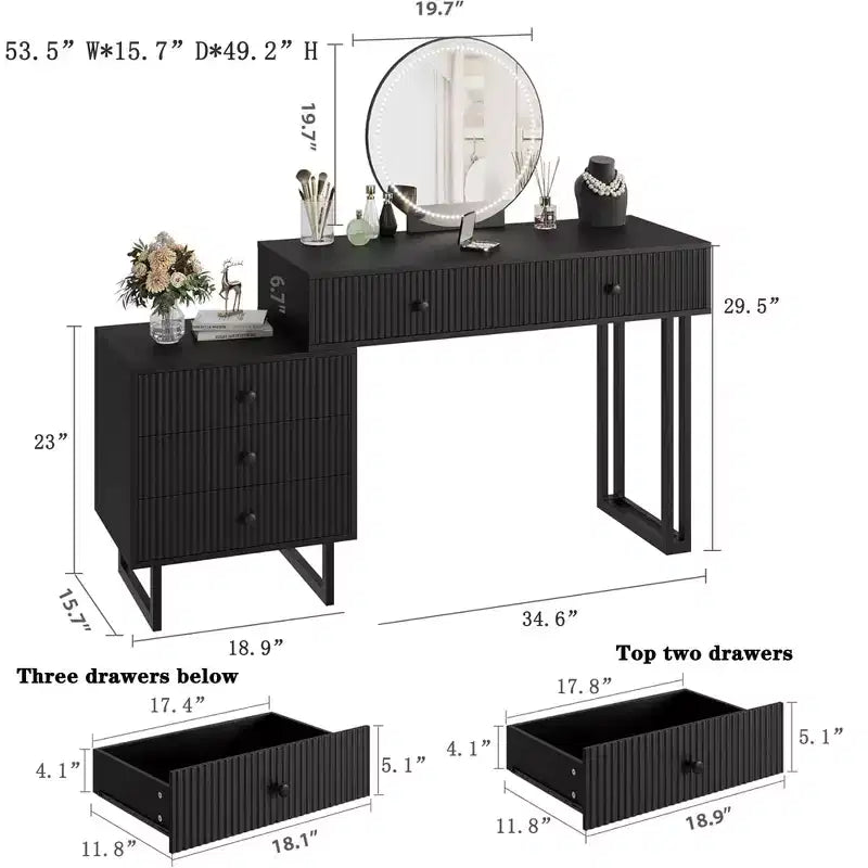 Coiffeuse avec miroir et lumières, Coiffeuse de maquillage avec 5 tiroirs pour chambre à coucher