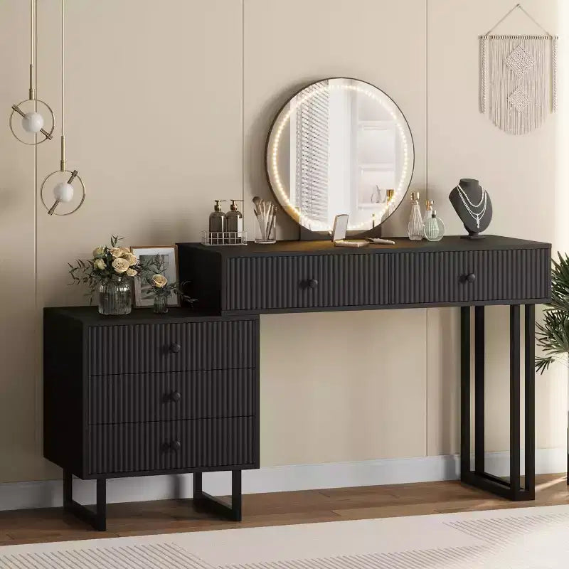 Coiffeuse avec miroir et lumières, Coiffeuse de maquillage avec 5 tiroirs pour chambre à coucher