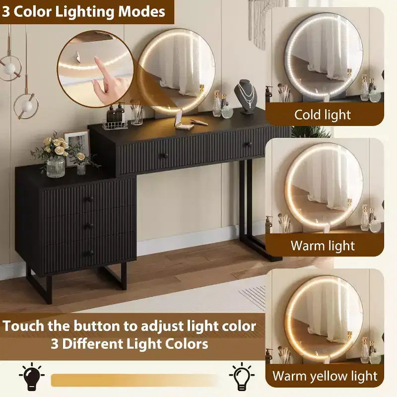 Coiffeuse avec miroir et lumières, Coiffeuse de maquillage avec 5 tiroirs pour chambre à coucher