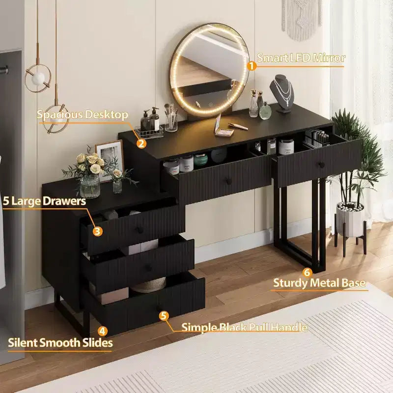 Coiffeuse avec miroir et lumières, Coiffeuse de maquillage avec 5 tiroirs pour chambre à coucher