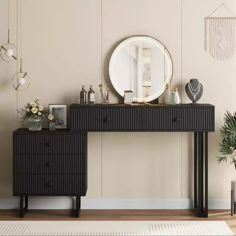 Coiffeuse avec miroir et lumières, Coiffeuse de maquillage avec 5 tiroirs pour chambre à coucher
