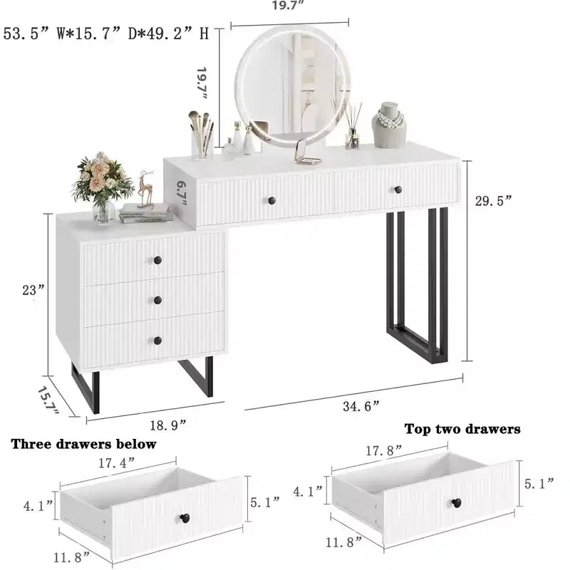 Coiffeuse avec miroir et lumières, Coiffeuse de maquillage avec 5 tiroirs pour chambre à coucher