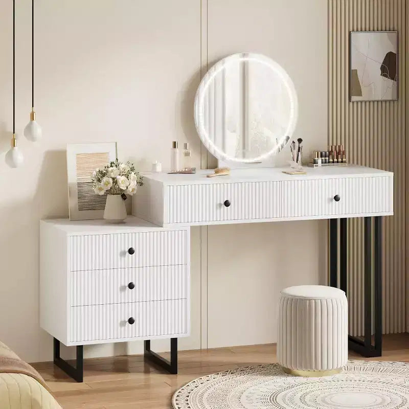 Coiffeuse avec miroir et lumières, Coiffeuse de maquillage avec 5 tiroirs pour chambre à coucher