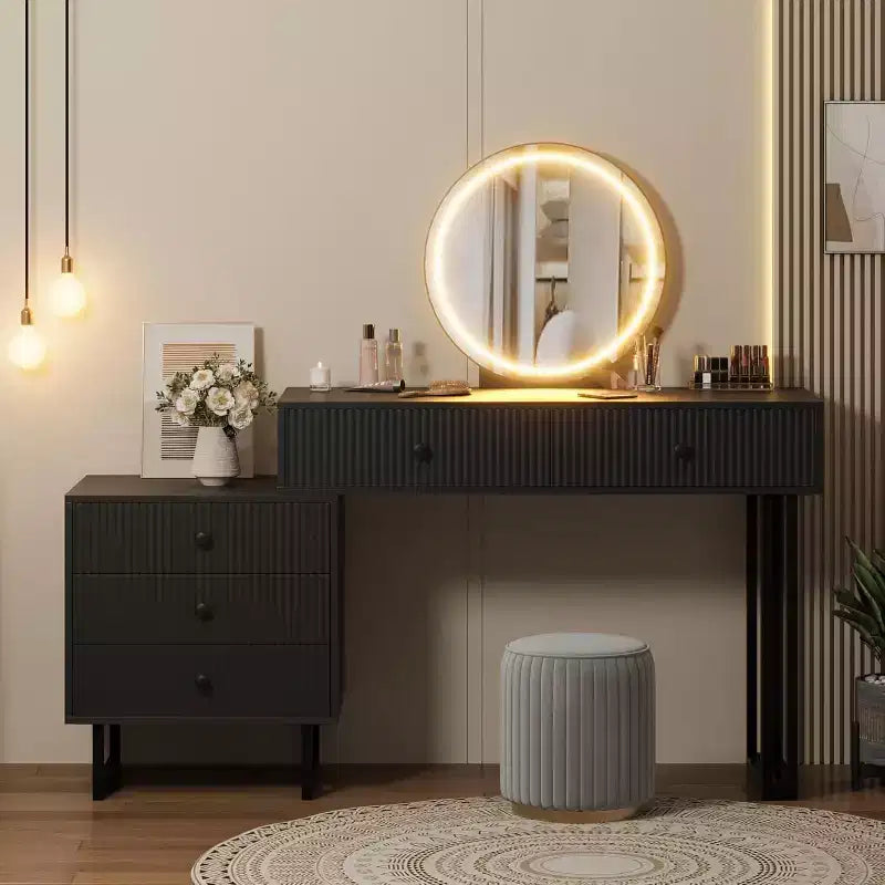 Vanity Desk with Mirror and Lights, Makeup Vanity with 5 Drawers for Bedroom