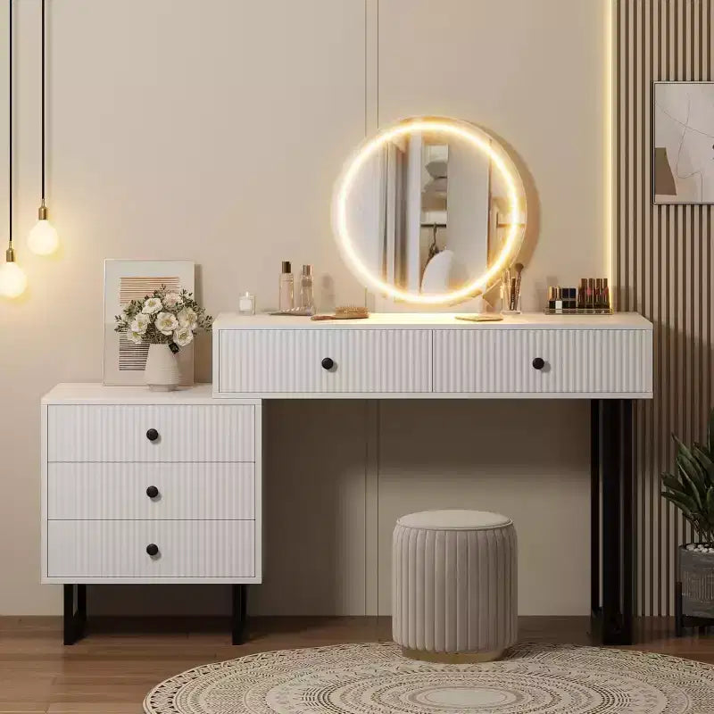 Coiffeuse avec miroir et lumières, Coiffeuse de maquillage avec 5 tiroirs pour chambre à coucher