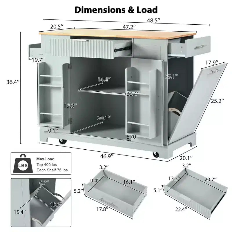 Îlot de cuisine cannelé avec meuble de rangement pour poubelle, Îlots de cuisine roulants sur roulettes avec tiroir