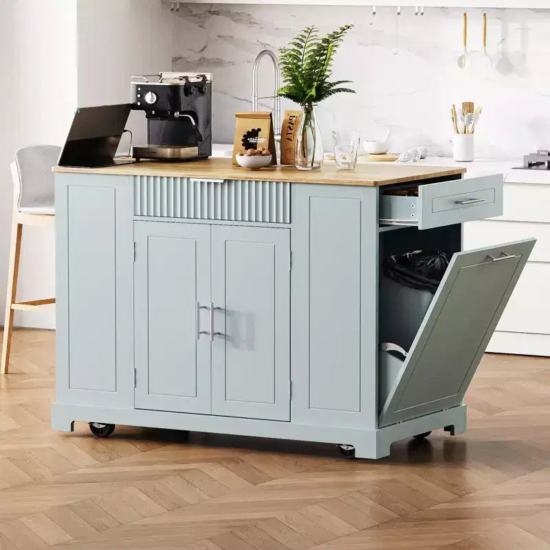 Îlot de cuisine cannelé avec meuble de rangement pour poubelle, Îlots de cuisine roulants sur roulettes avec tiroir