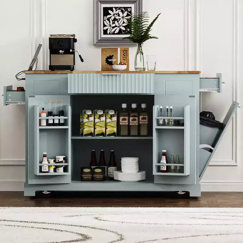 Îlot de cuisine cannelé avec meuble de rangement pour poubelle, Îlots de cuisine roulants sur roulettes avec tiroir