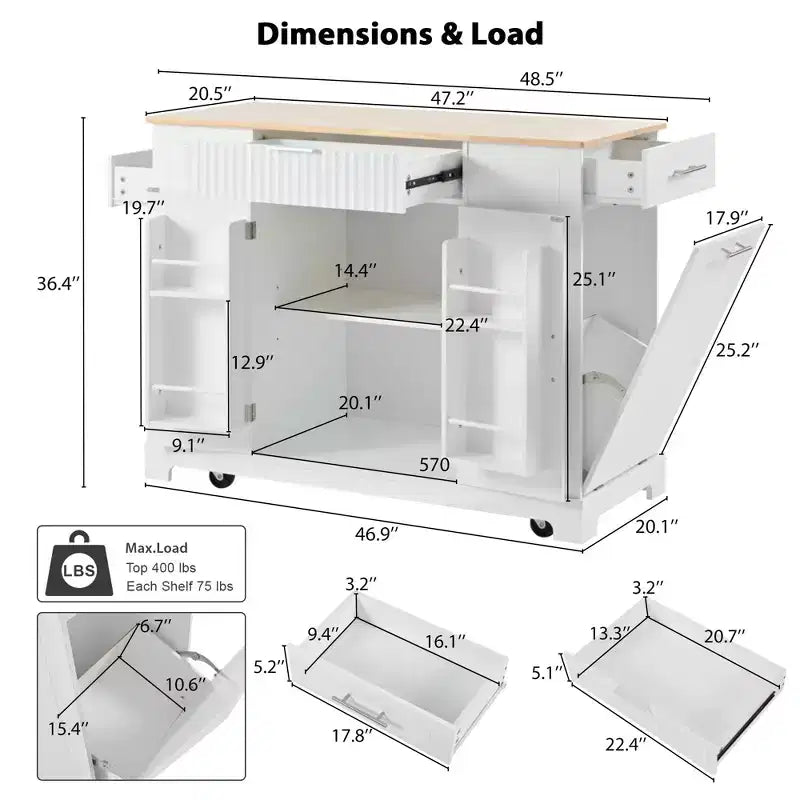 Îlot de cuisine cannelé avec meuble de rangement pour poubelle, Îlots de cuisine roulants sur roulettes avec tiroir