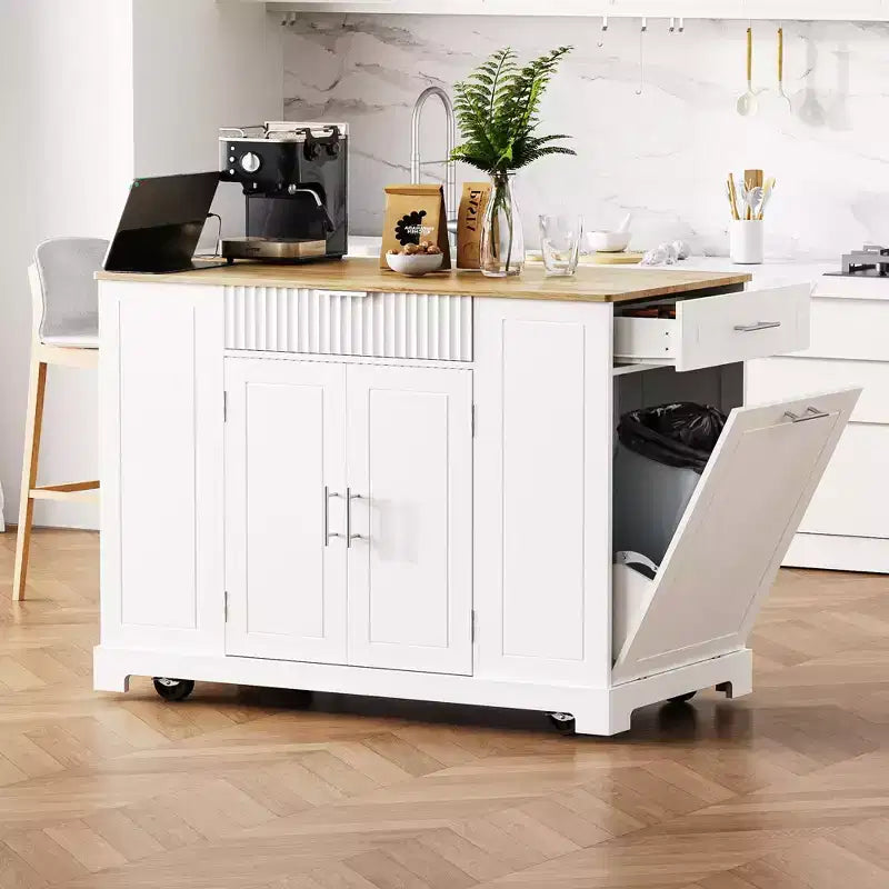 Îlot de cuisine cannelé avec meuble de rangement pour poubelle, Îlots de cuisine roulants sur roulettes avec tiroir
