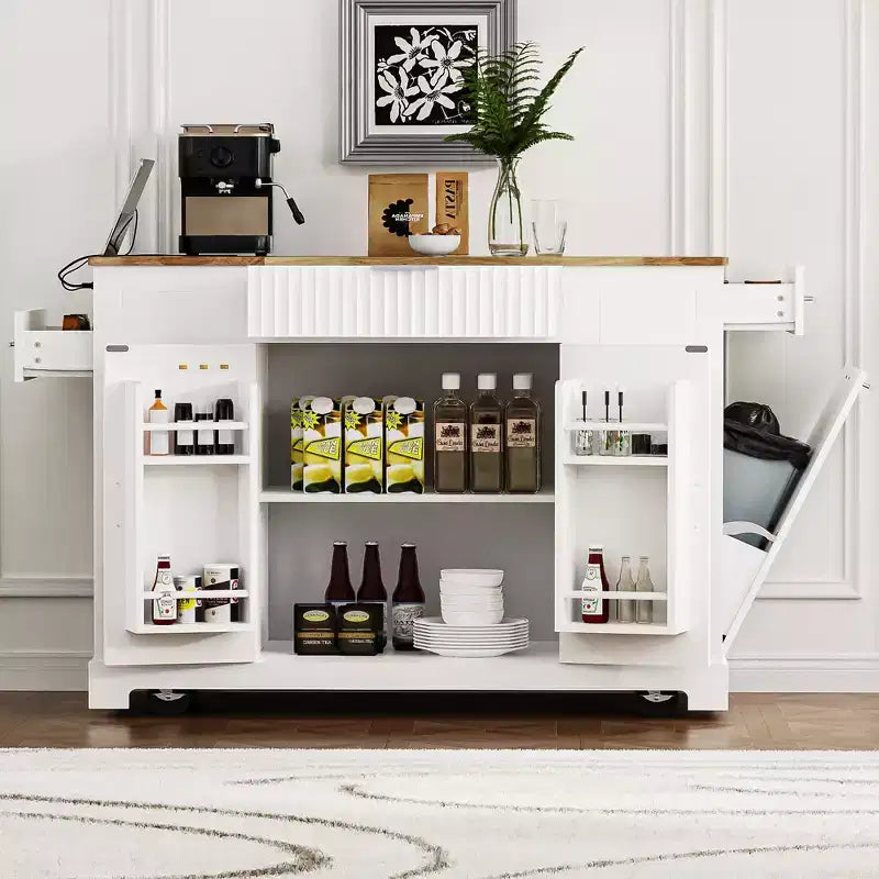 Îlot de cuisine cannelé avec meuble de rangement pour poubelle, Îlots de cuisine roulants sur roulettes avec tiroir