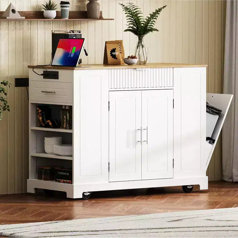 Îlot de cuisine cannelé avec meuble de rangement pour poubelle, Îlots de cuisine roulants sur roulettes avec tiroir
