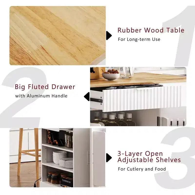 Îlot de cuisine cannelé avec meuble de rangement pour poubelle, Îlots de cuisine roulants sur roulettes avec tiroir
