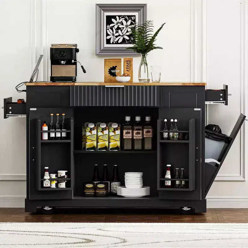 Îlot de cuisine cannelé avec meuble de rangement pour poubelle, Îlots de cuisine roulants sur roulettes avec tiroir