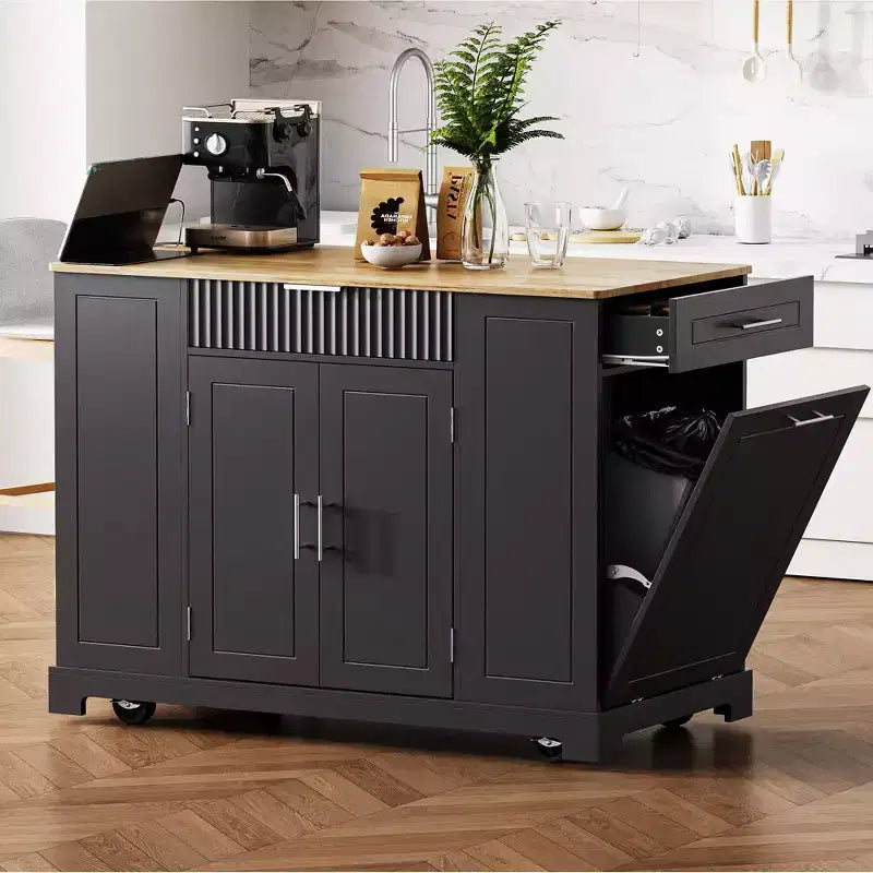 Îlot de cuisine cannelé avec meuble de rangement pour poubelle, Îlots de cuisine roulants sur roulettes avec tiroir