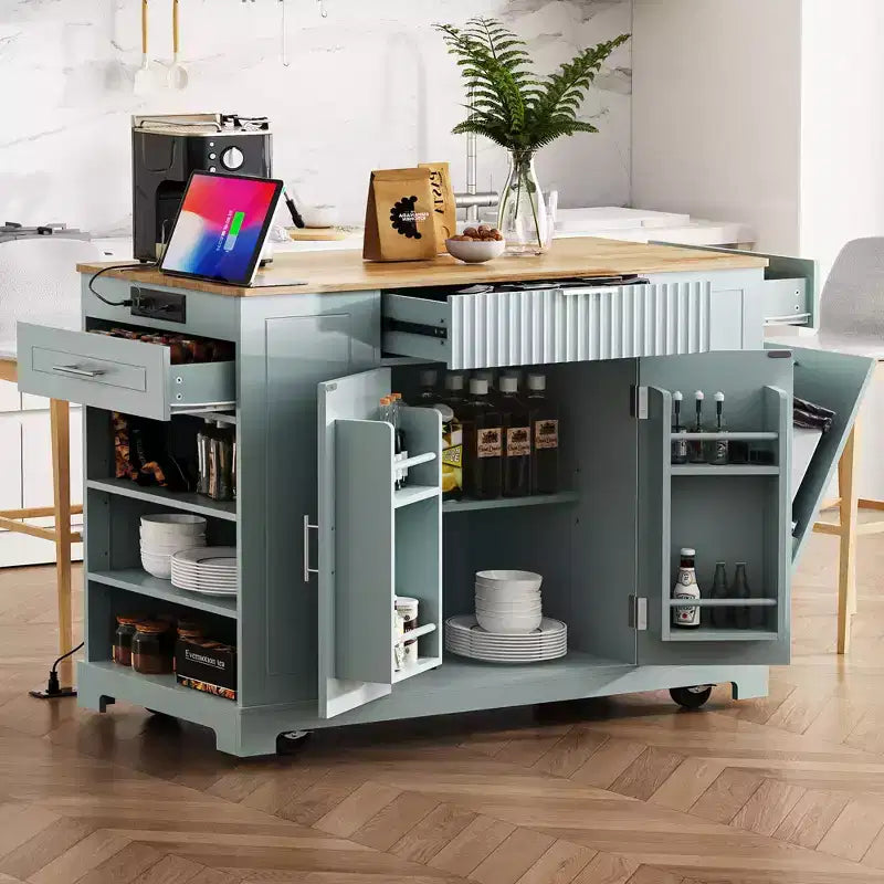 Îlot de cuisine cannelé avec meuble de rangement pour poubelle, Îlots de cuisine roulants sur roulettes avec tiroir