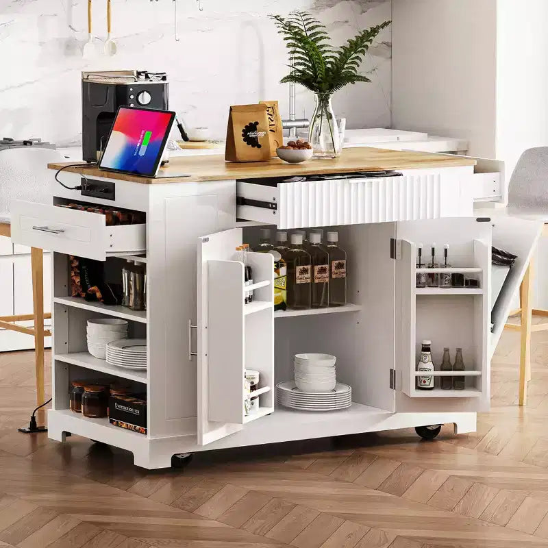 Îlot de cuisine cannelé avec meuble de rangement pour poubelle, Îlots de cuisine roulants sur roulettes avec tiroir