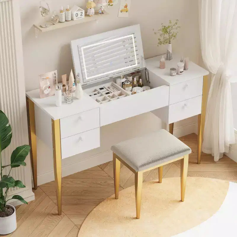 GustoWave Makeup Vanity Desk with Mirror and Lights, 3 in 1 Make Up Vanity Table with Lighted Mirror, 3 Lighting Mode, Flip Top Vanity Set with Stool